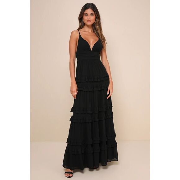 Lulus Lavish Perfection Black Ruffled Tiered Maxi Dress Size XS NWT - Picture 1 of 11